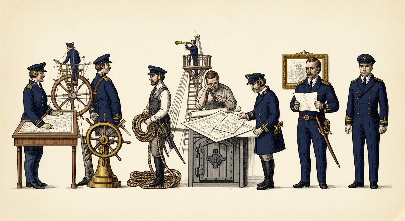 An engraved plate showing nine crew members in a row: captain at a chart table, helmsman at the wheel, lookout in a crow's nest, bosun coiling rope, master-at-arms at a magazine door, cartographer with maps, chartist with headphones, relief officer with a page.